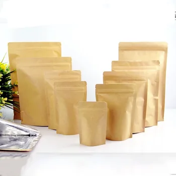 100 adet Kraft Kağıt Kilitli Torba Stand up Mylar Folyo Ambalaj Çanta Yüksek Bariyer Kraft Kağıt Fermuarlı Kahve Çanta Hediye Çantası