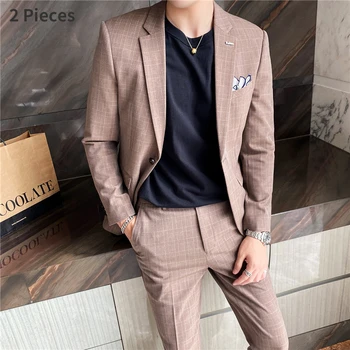 2 Adet Erkek Takım Elbise erkek giyim (Blazer + Pantolon) Klasik Ekose Moda Baskı Erkekler İş Rahat Takım Elbise Erkekler İçin Setleri 2022 Yeni