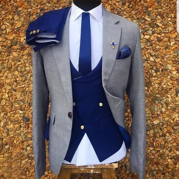 3 Parça Gri Resmi Smokin Erkekler için Slim fit Özel Erkek Takım Elbise Seti Ceket Kraliyet Mavi Yelek Pantolon ile 2020 Erkek Moda Kostüm