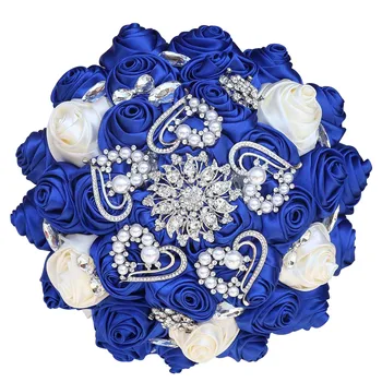 Güzel Rhinestones Gelin Nedime Broş Buket Kraliyet Mavi Dıy Inci Elmas Saten Gül Buketi Düğün Malzemeleri BL001