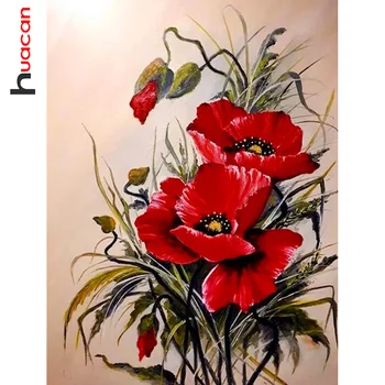 Huacan 5d Dıy Elmas Boyama Mozaik Kırmızı gelincik çiçeği Ev Dekor Nakış Çapraz Dikiş Çiçek Kare / yuvarlak Duvar Sticker