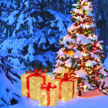 Noel Parlayan Dekorasyon Hediye Kutusu Süsleme Yay İle Noel Aydınlatma Kutusu Dış Aydınlatma Noel Partisi Masaüstü Süs