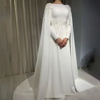 On Zhu Arapça Müslüman düğün elbisesi Pelerin Uzun Kollu Bir Çizgi Yüksek Boyun gelinlik Dantel Aplikler Sweep Tren Vestido De Novia
