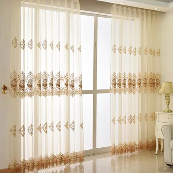 Oturma Odası için perdeler İşlemeli Tül Avrupa Lüks Altın Çiçek Dantel Alt Narin Fransız Pencere Cortina Tenda