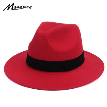 Siyah Caz Fedoras Kadınlar İçin Vintage Geniş fötr şapka disket şapka Cloche Erkekler Gangster Şapka Chapéu Rahat Katı Pembe Kırmızı Kemikler 2018