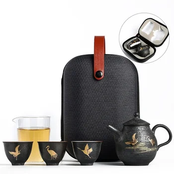 TANGPIN siyah çanak çömlek seramik demlik 3 bardak uçan vinç taşınabilir seyahat çay seti drinkware
