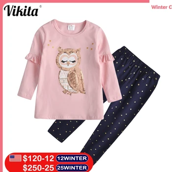 VIKITA Çocuk Pamuk giyim setleri Toddlers Bebek Kız Uzun Kollu Baykuş Sequins T gömlek ve Pantolon Pantolon Kız Sonbahar Giysileri