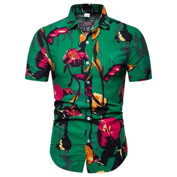 Çiçek havai gömleği Erkekler Slim Fit Chemise Homme 2022 Marka Yeni Kısa Kollu Elbise Gömlek Erkek Pamuk Keten Gömlek Casual Gömlek